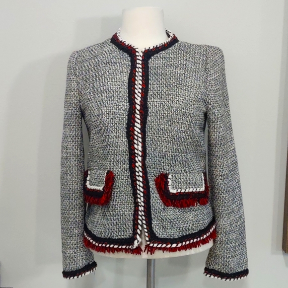 Zara Silver Tweed Blazer With Chenille Fringe Trim Size Medium EUC - Picture 1 of 16